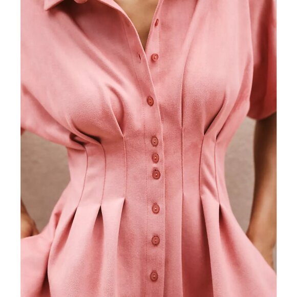 The Tobie Faux-Suede Mini Shirt Dress by Exquise Color Mauve - Picture 3 of 4